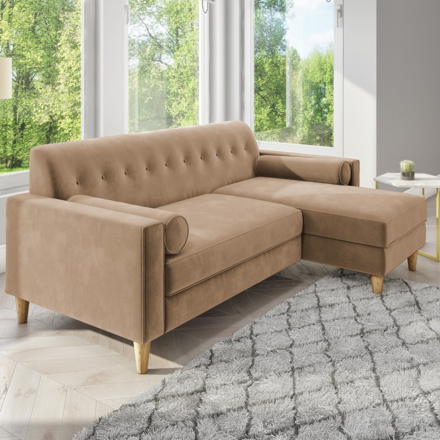 Beige Velvet 3 Seater L Shaped Sofa in Velvet - Right Hand Facing - Idris