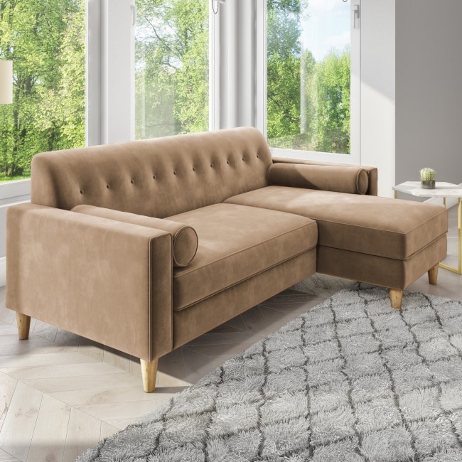 GRADE A2 - Right Hand Facing Beige Velvet Corner Sofa with Bolster Cushions - Seats 3 - Idris