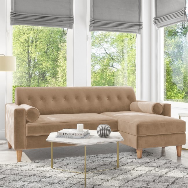 GRADE A2 - Beige Velvet 3 Seater L Shaped Sofa in Velvet - Right Hand Facing - Idris