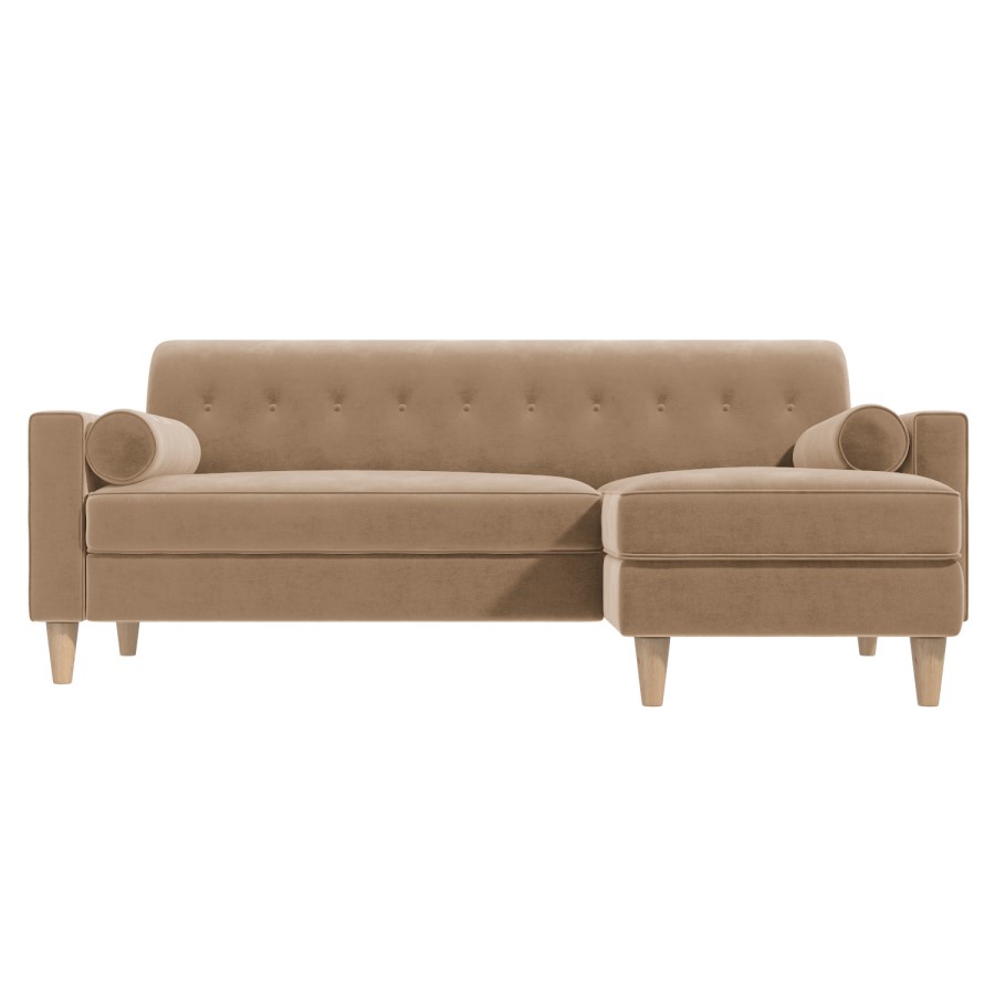 Beige Velvet 3 Seater L Shaped Sofa in Velvet - Right Hand Facing - Idris