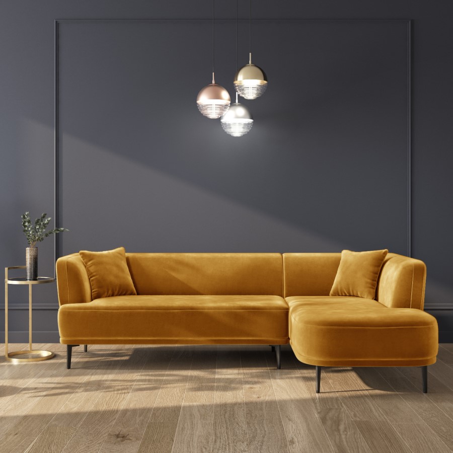 Mustard Yellow 3 Seater Corner Sofa in Velvet with Cushions 