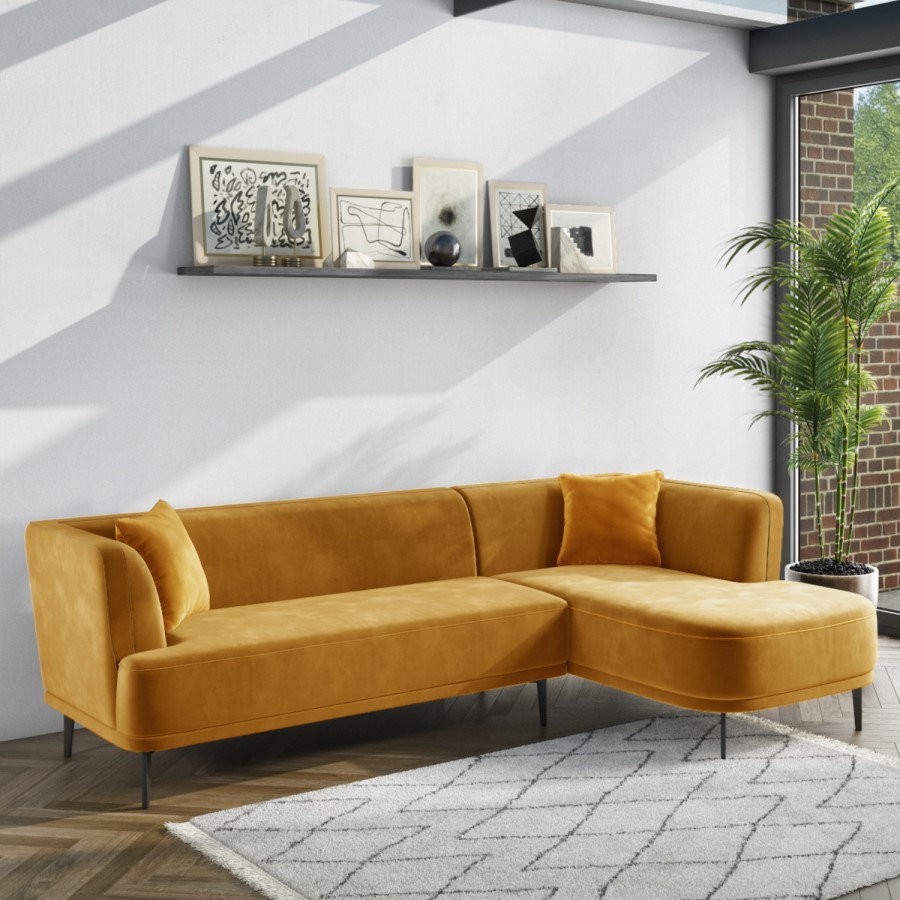 GRADE A1 - Mustard Yellow 3 Seater Corner Sofa in Soft Velvet - Cushions Included