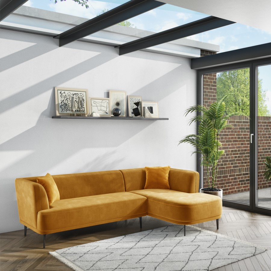 Mustard Yellow 3 Seater Corner Sofa in Velvet with Cushions 