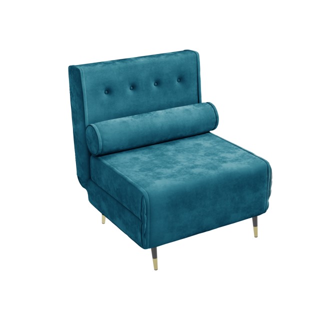 Single Sofa Bed in Teal Blue Velvet with Bolster Cushion - Eleni