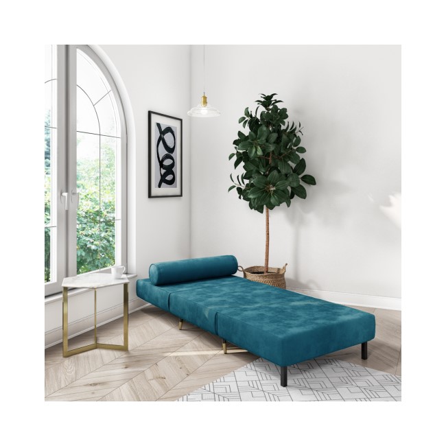 Single Sofa Bed in Teal Blue Velvet with Bolster Cushion - Eleni