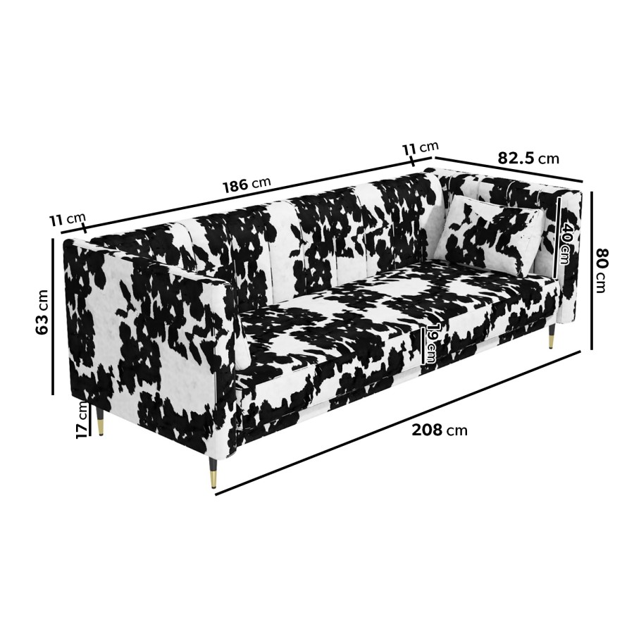 GRADE A1 - Cow Print 3 Seater Sofa Bed with Cushions - Sleeps 2 - Mabel