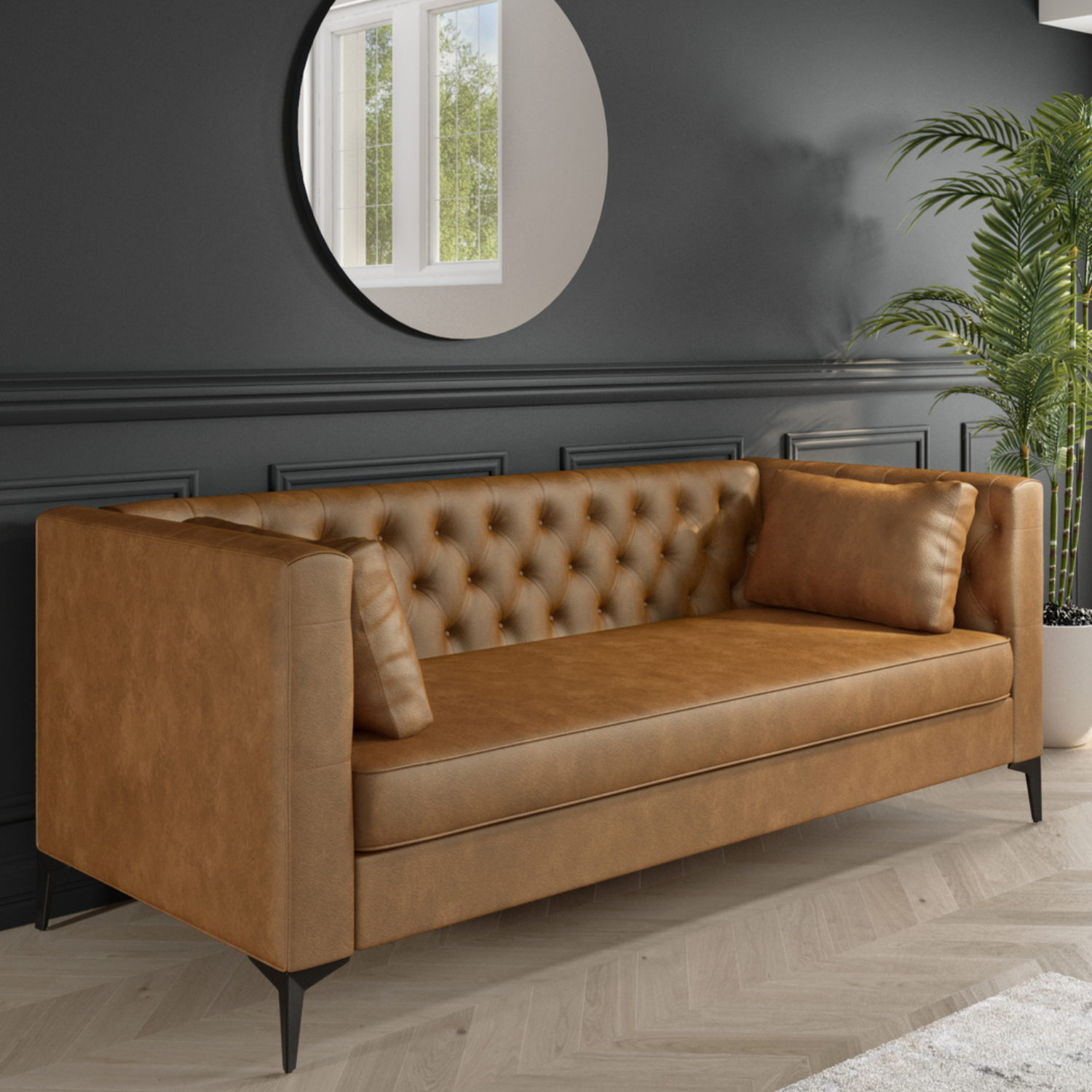 3 Seater Tan Faux Leather Sofa With, Pictures Of Leather Sofas