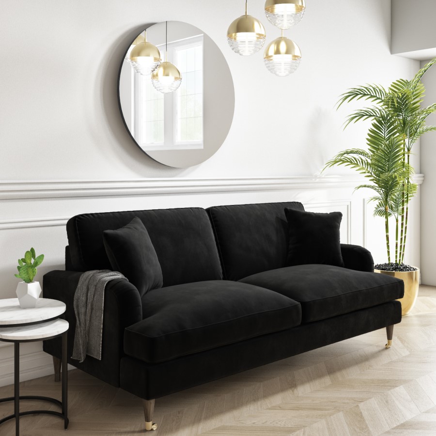 GRADE A2 - Black Velvet 3 Seater Sofa - Payton