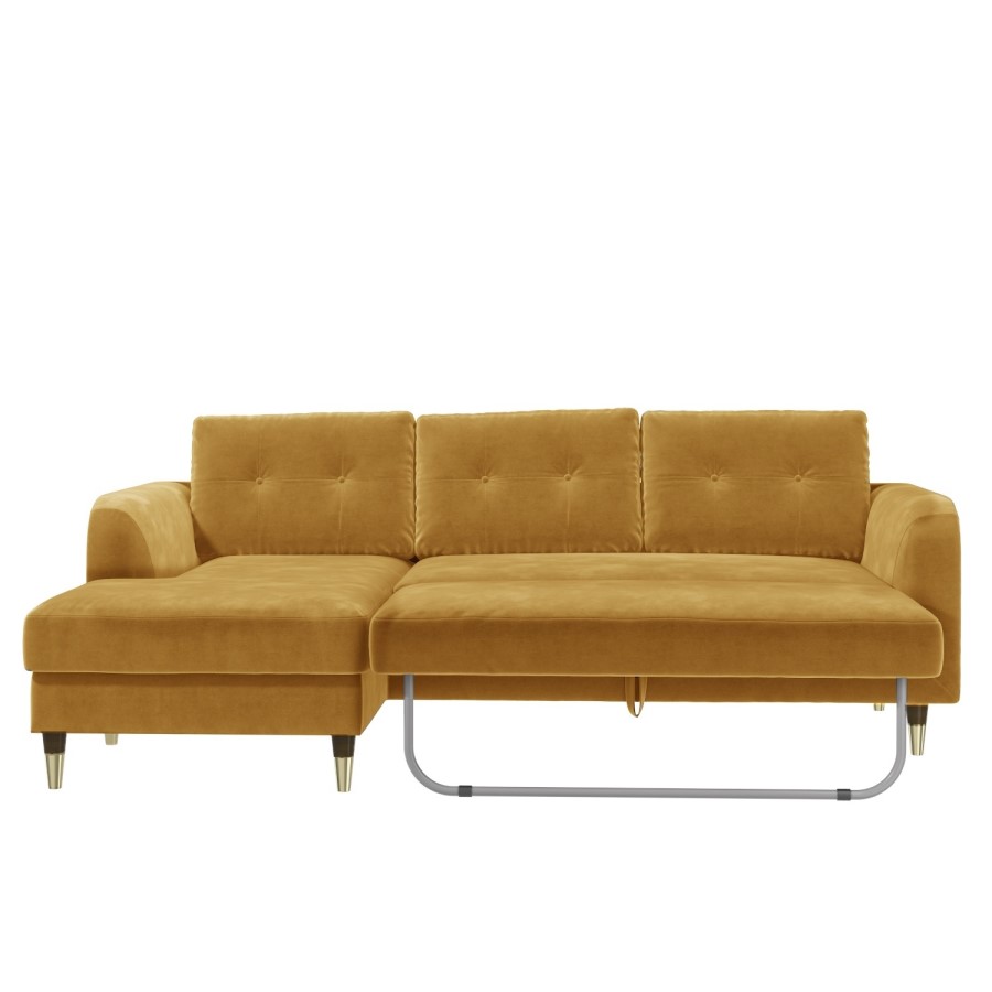 Mustard Yellow L Shaped Sofa Bed in Velvet  - Left Hand Facing - Sutton
