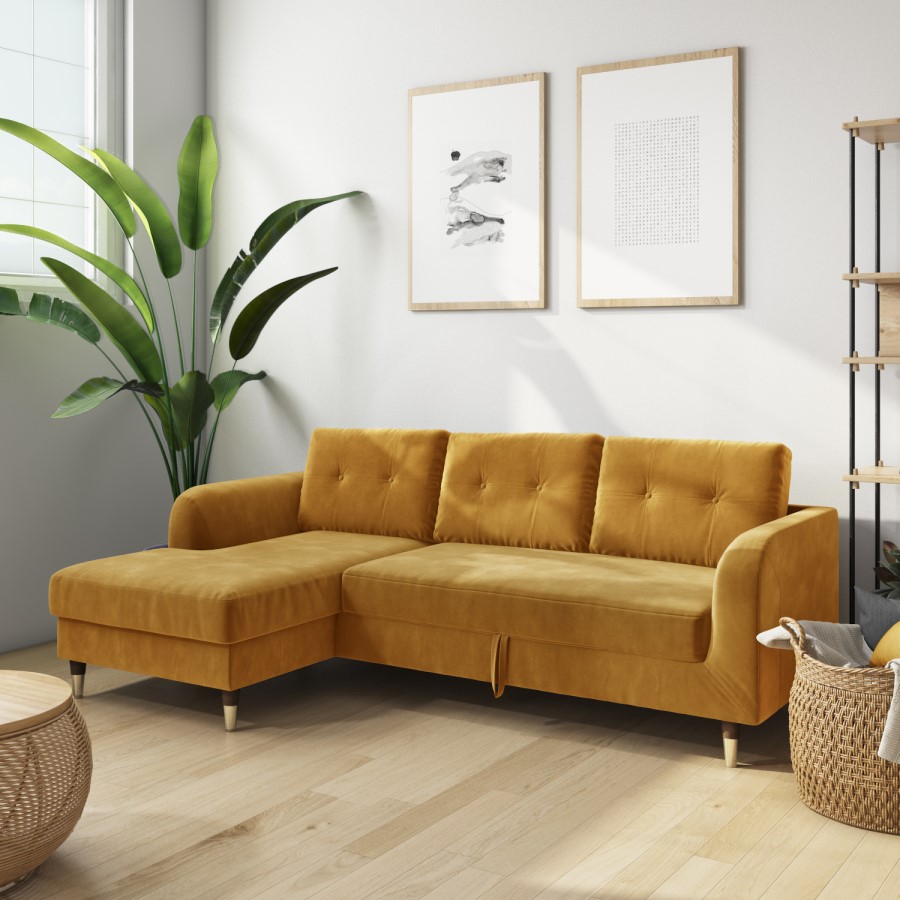 Mustard Yellow L Shaped Sofa Bed in Velvet  - Left Hand Facing - Sutton