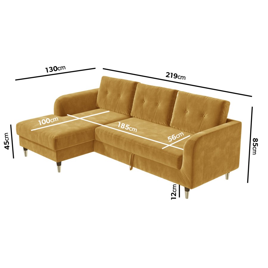 Mustard Yellow L Shaped Sofa Bed in Velvet  - Left Hand Facing - Sutton