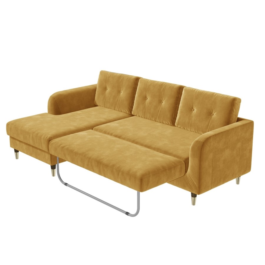 Mustard Yellow L Shaped Sofa Bed in Velvet  - Left Hand Facing - Sutton