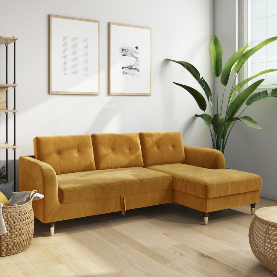 Mustard Yellow L Shaped Sofa Bed in Velvet  - Right Hand Facing - Sutton