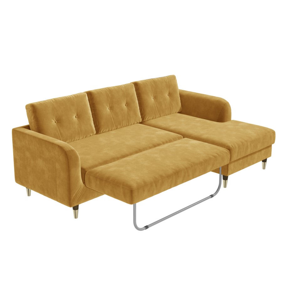 Mustard Yellow L Shaped Sofa Bed in Velvet  - Right Hand Facing - Sutton