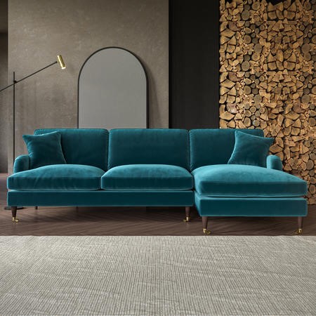Teal Velvet Right Hand Facing 4 Seater Chaise Corner Sofa - Payton ...
