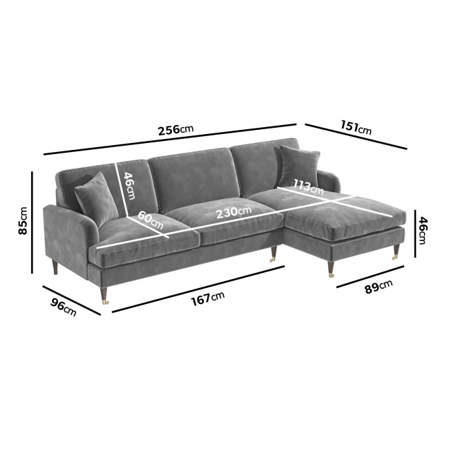 4 Seater Right Hand Facing L Shaped Sofa in Silver Grey Velvet - Payton ...