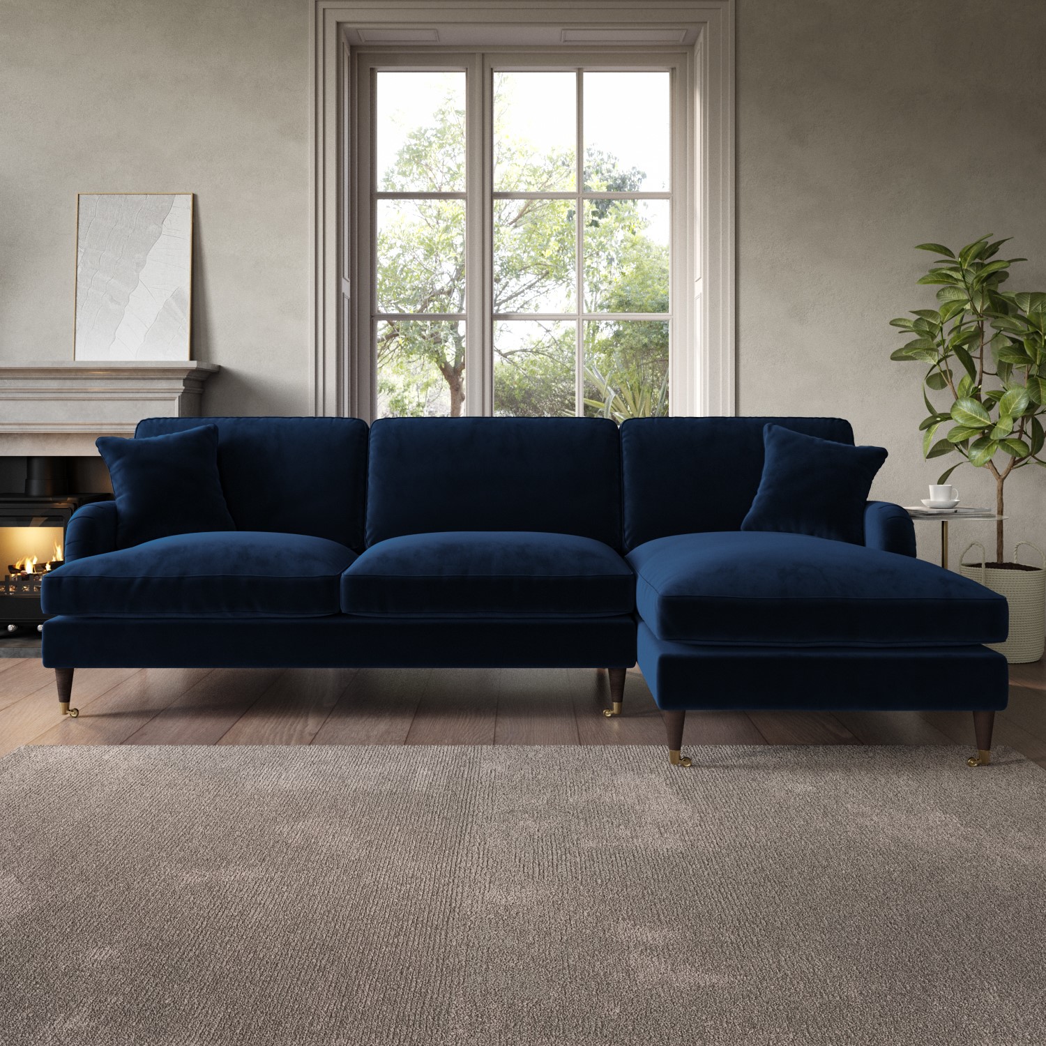 Payton Blue Navy Velvet Right Hand Facing 4 Seater Chaise Corner Sofa