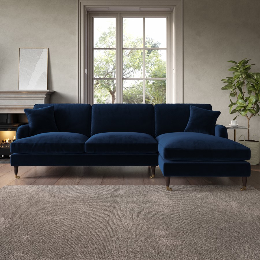 Navy Velvet Right Hand Facing 4 Seater Chaise Corner Sofa - Payton