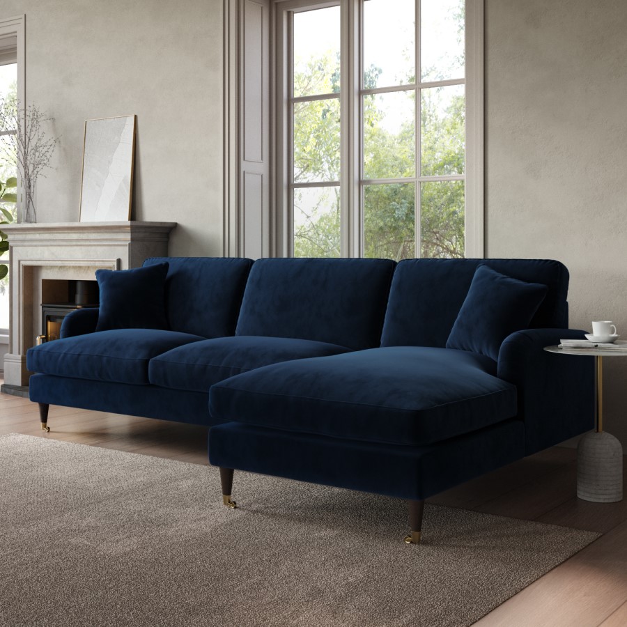 Navy Velvet Right Hand Facing 4 Seater Chaise Corner Sofa - Payton