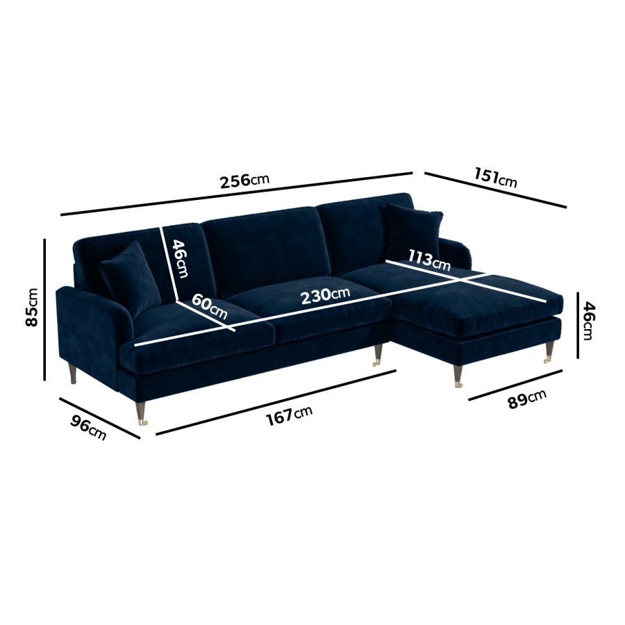 Navy Velvet Right Hand Facing 4 Seater Chaise Corner Sofa - Payton