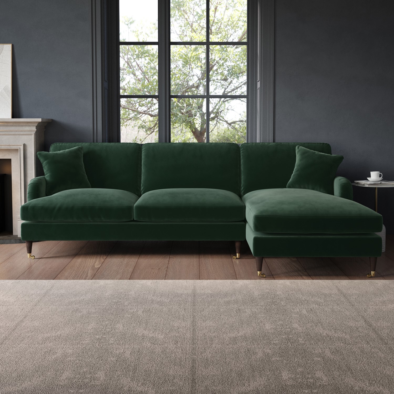 Payton Green Dark Velvet Right Hand Facing 4 Seater Chaise Corner Sofa