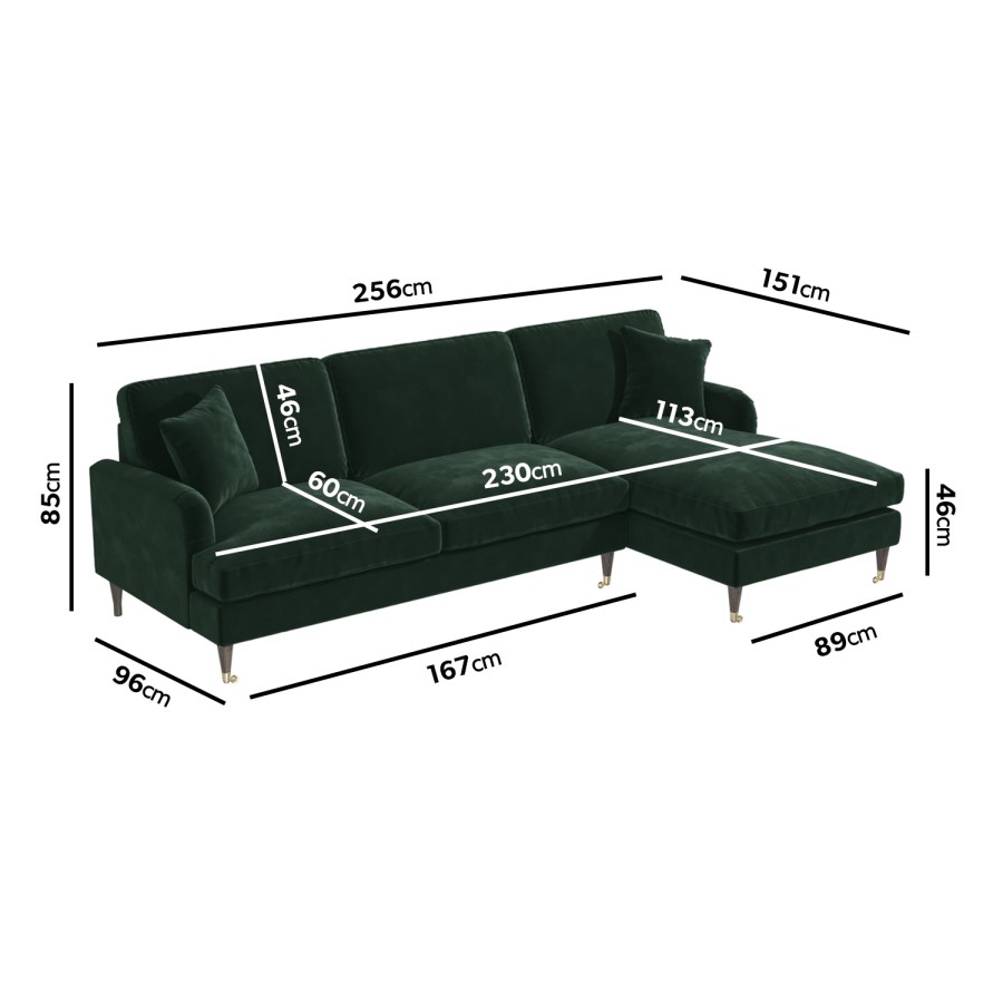 GRADE A2 - 3 Seater Right Hand Facing L Shaped Sofa in Dark Green Velvet - Payton