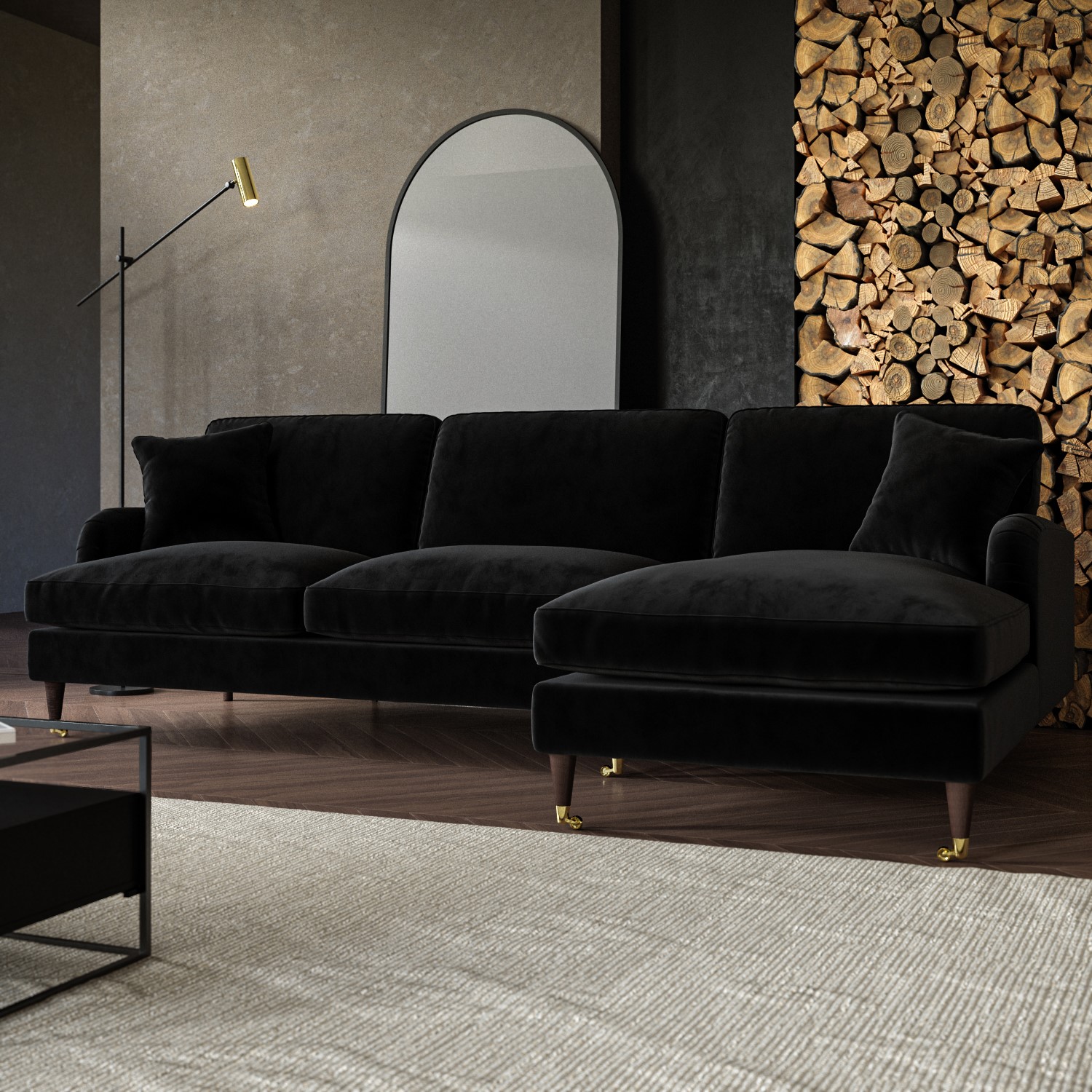 Payton Black Velvet Right Hand Facing 4 Seater Chaise Corner Sofa