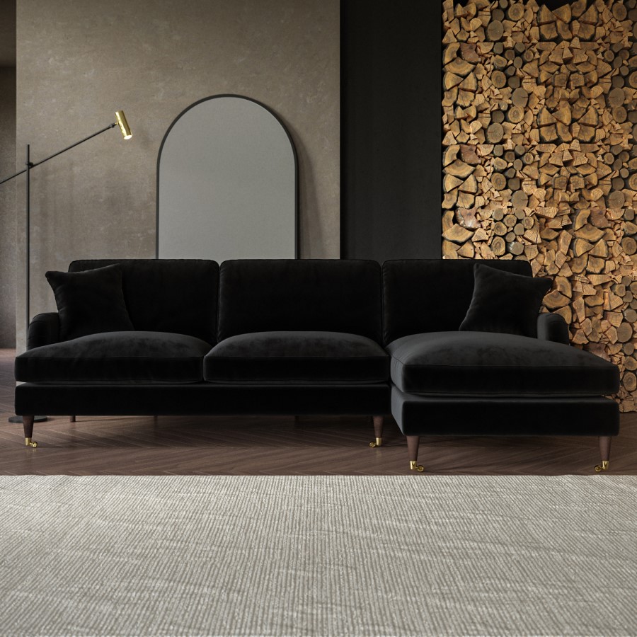 Black Velvet Right Hand Facing 4 Seater Chaise Corner Sofa - Payton