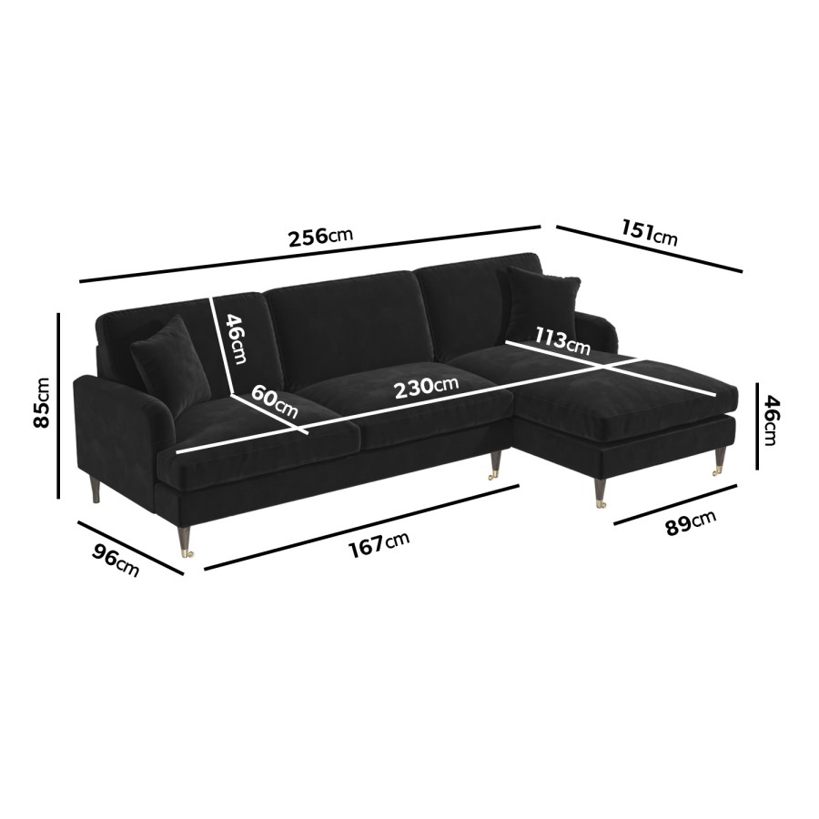 Black Velvet Right Hand Facing 4 Seater Chaise Corner Sofa - Payton