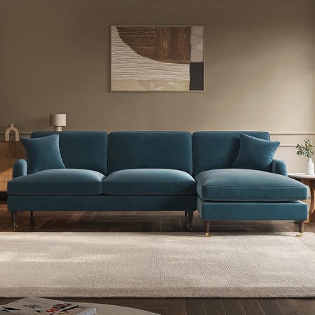 Blue Velvet Right Hand Facing 4 Seater Chaise Corner Sofa - Payton ...