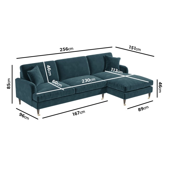 Blue Velvet Right Hand Facing 4 Seater Corner Sofa - Payton