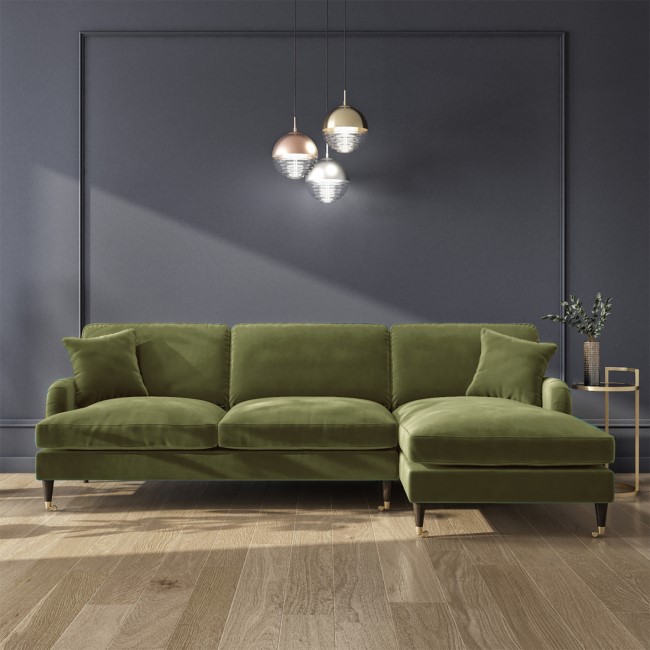 4 Seater Right Hand Facing L Shaped Sofa in Olive Green Velvet - Payton ...
