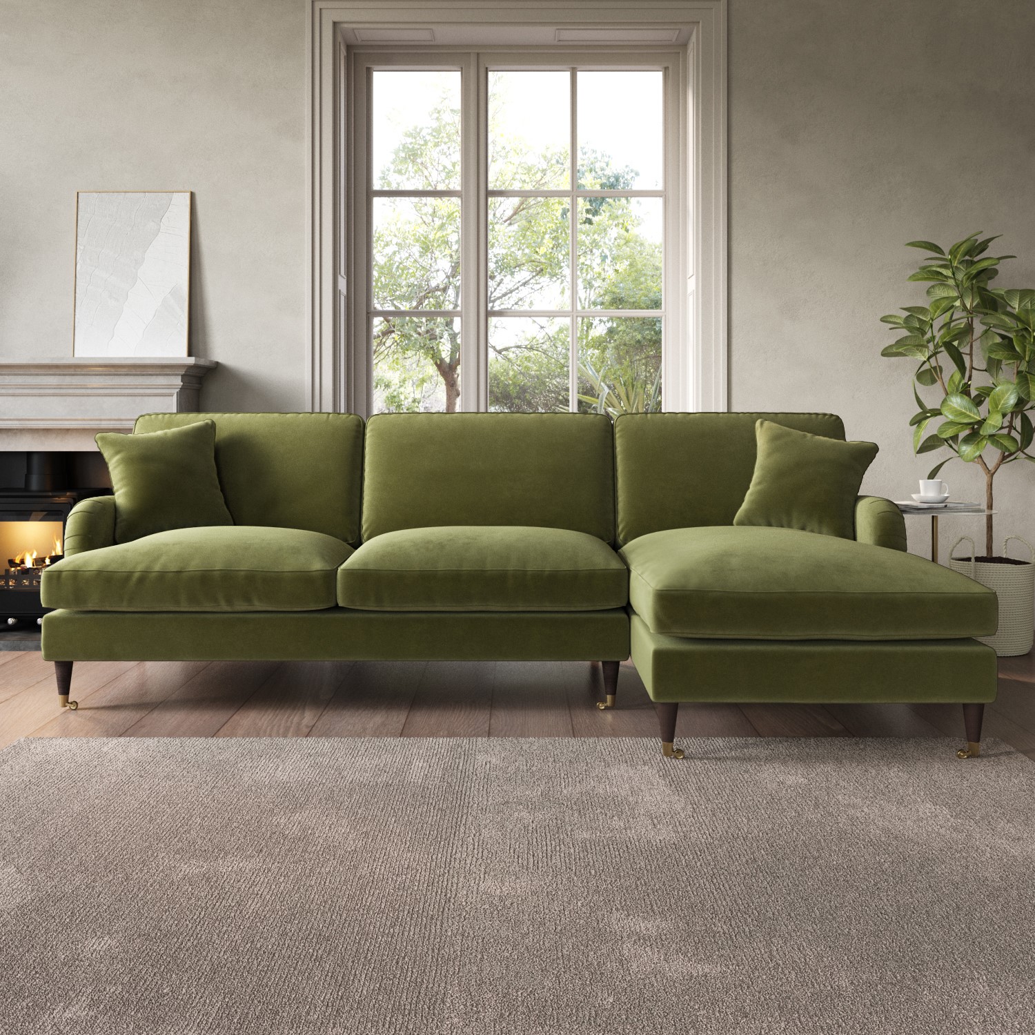Payton Green Olive Velvet Right Hand 4 Seater Chaise Corner Sofa