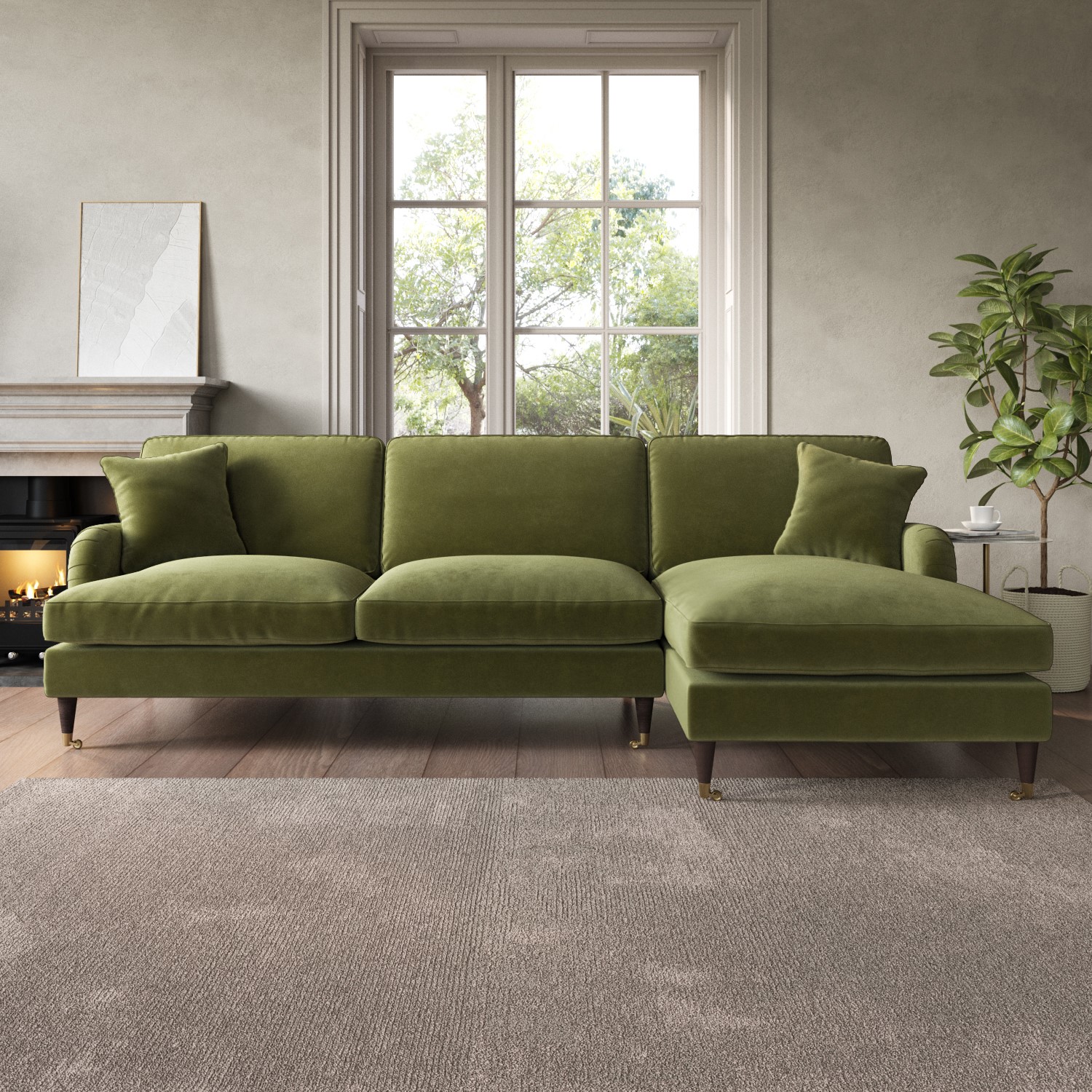 Photo of Olive green velvet right hand l shaped sofa - seats 4 - payton