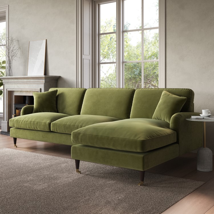 Olive Green Velvet Right Hand 4 Seater Corner Sofa - Payton