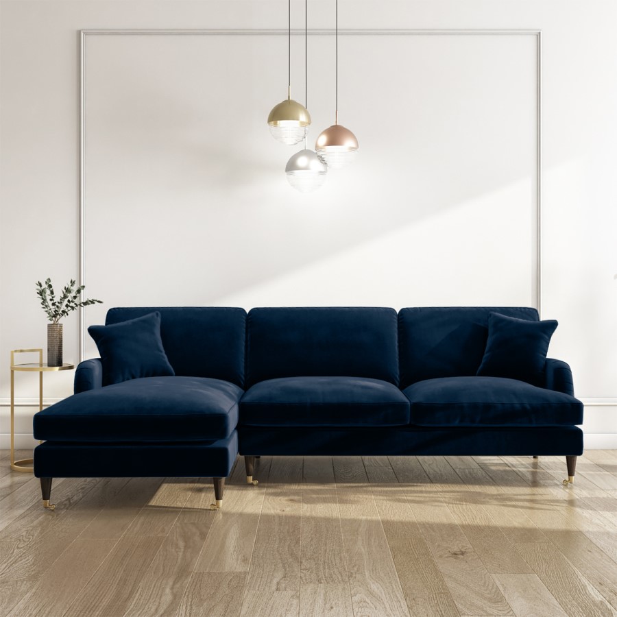 GRADE A1 - Navy Blue 3 Seater L Shaped Sofa in Velvet - Left Hand Facing - Payton