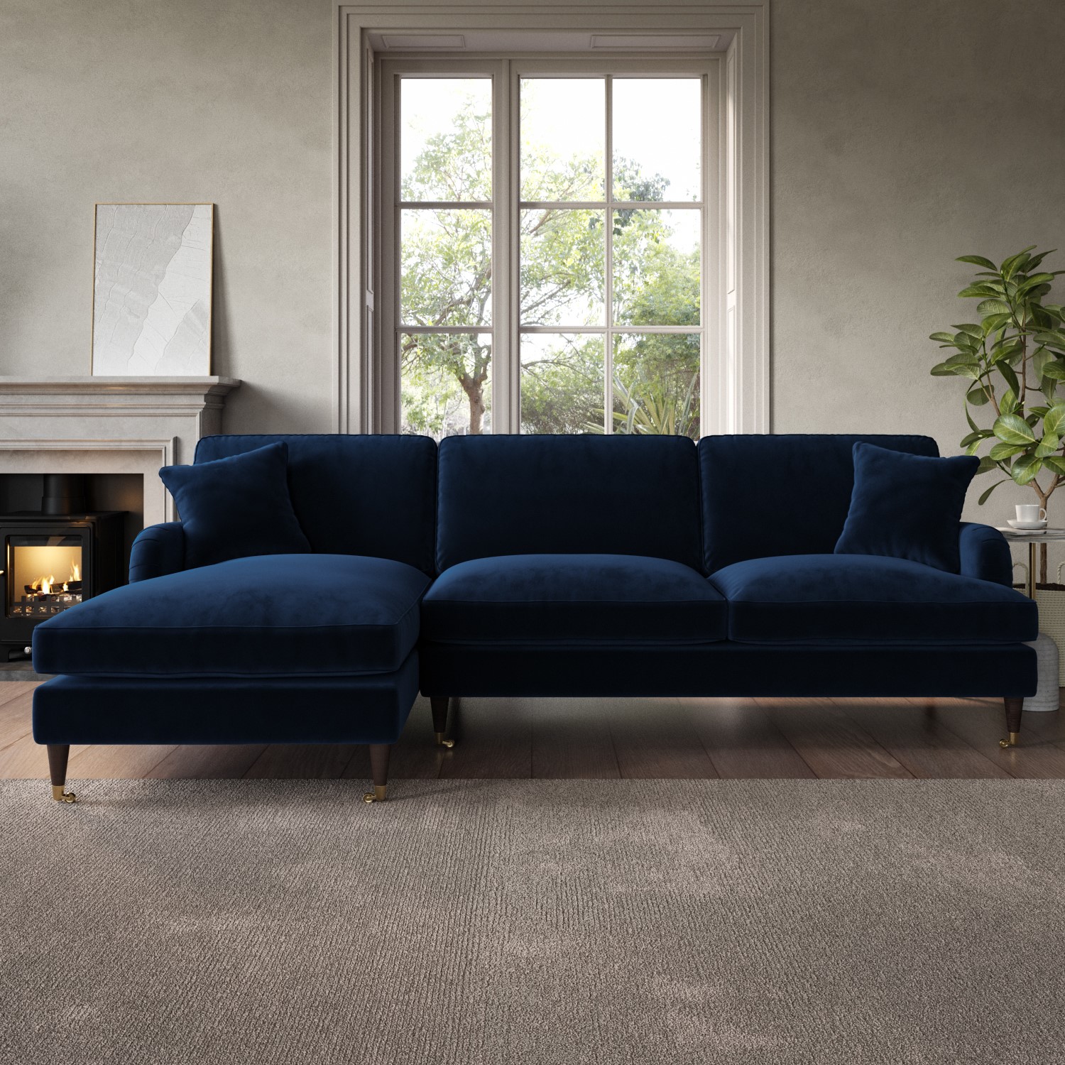Payton Blue Navy Velvet Left Hand Facing 4 Seater Chaise Corner Sofa