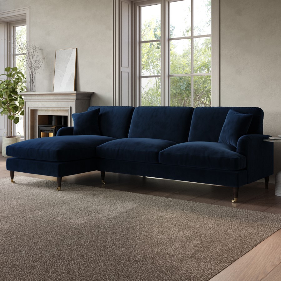 Navy Velvet Left Hand Facing 4 Seater Chaise Corner Sofa - Payton