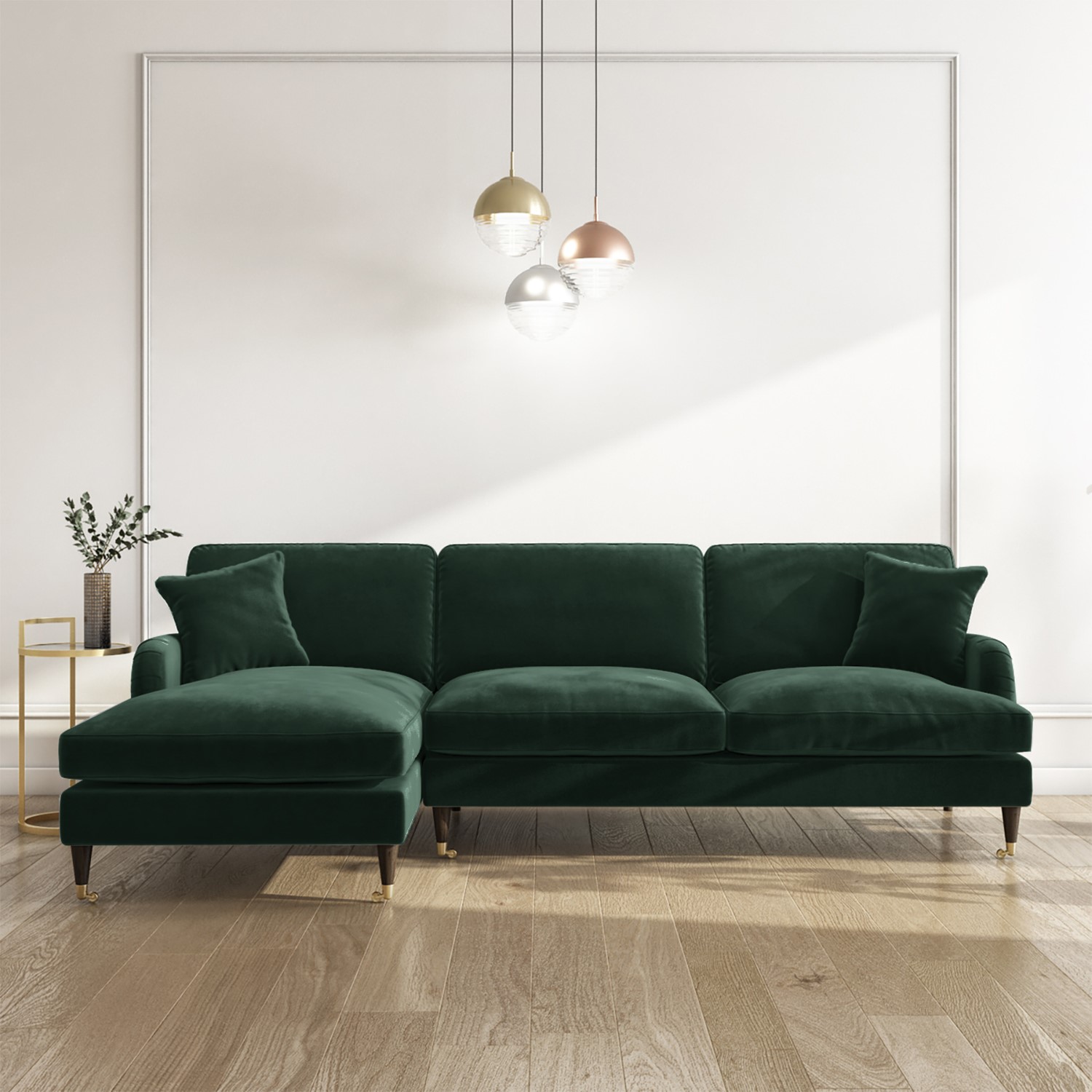 Photo of Dark green velvet left hand facing l shaped sofa - seats 4 - payton