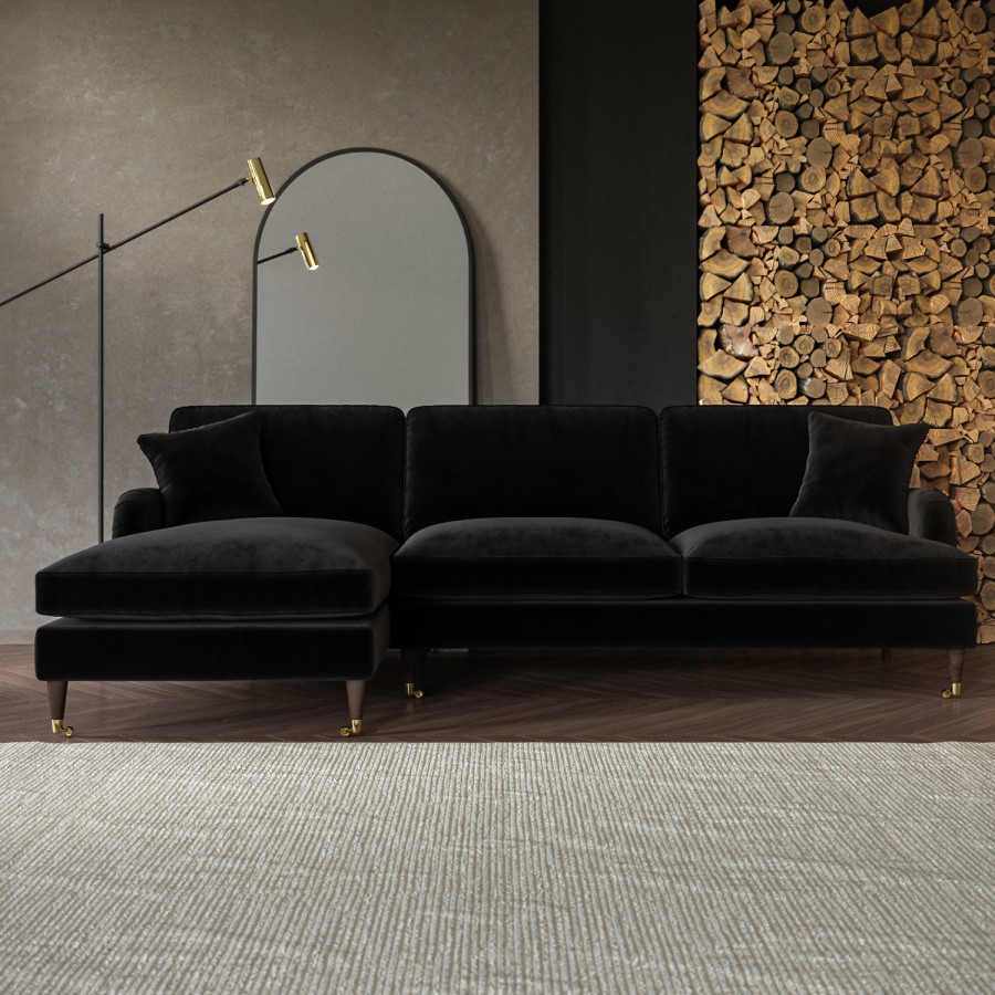 Black Velvet Left Hand Facing 4 Seater Chaise Corner Sofa - Payton