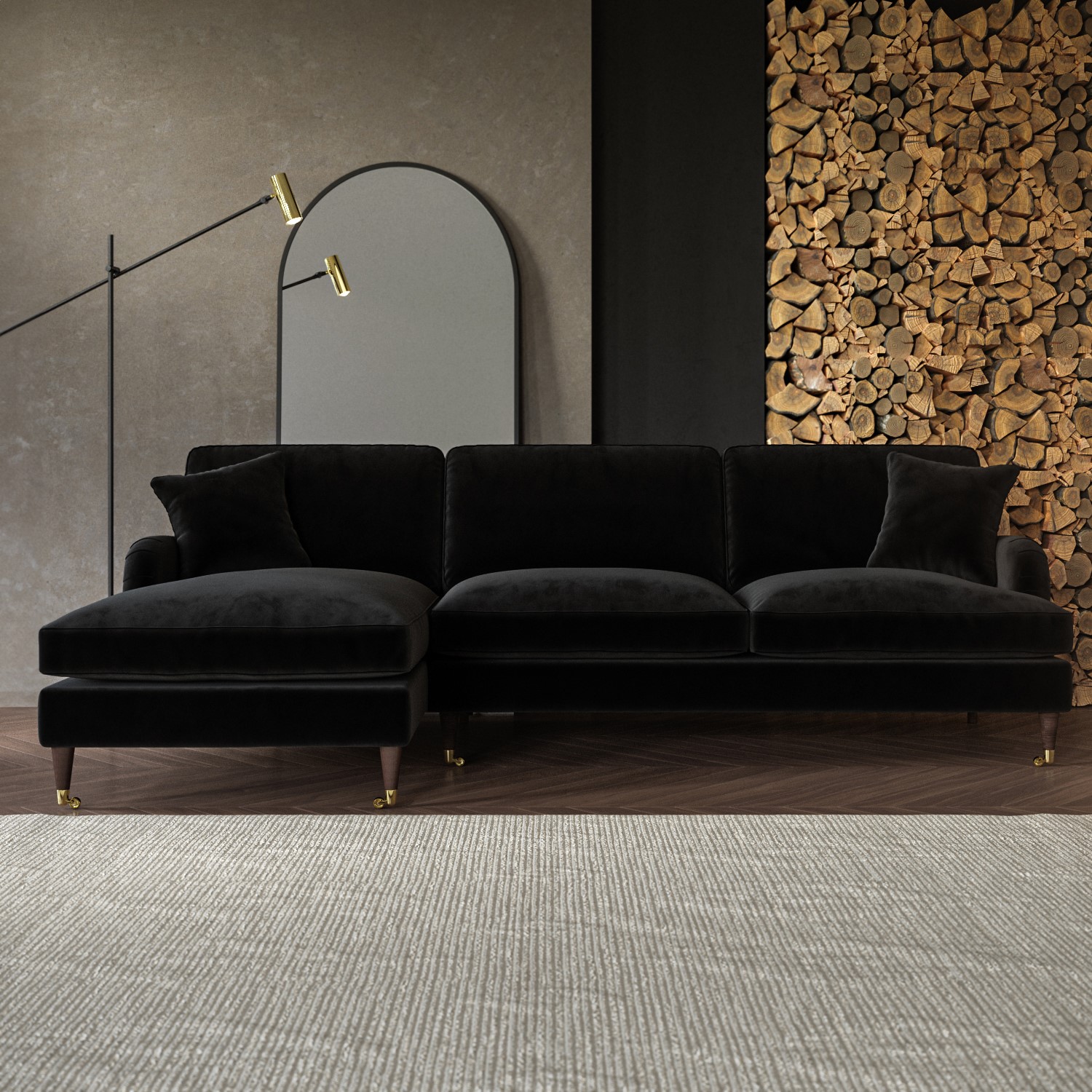 Payton Black Velvet Left Hand Facing 4 Seater Chaise Corner Sofa
