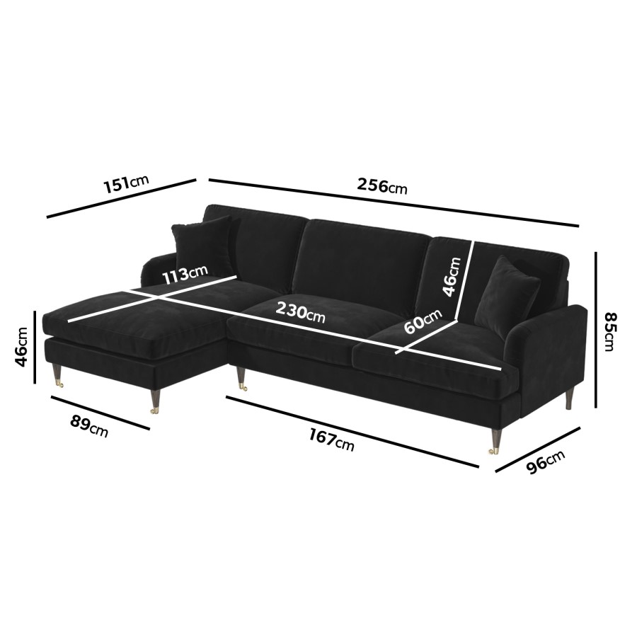 Black Velvet Left Hand Facing 4 Seater Chaise Corner Sofa - Payton