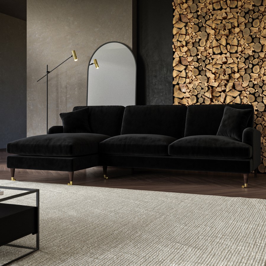 Black Velvet Left Hand Facing 4 Seater Chaise Corner Sofa - Payton