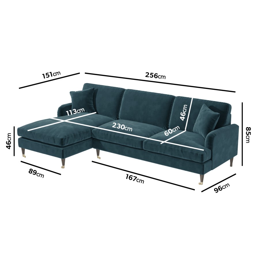 Blue Velvet Left Hand Facing 4 Seater L Shaped Sofa - Payton