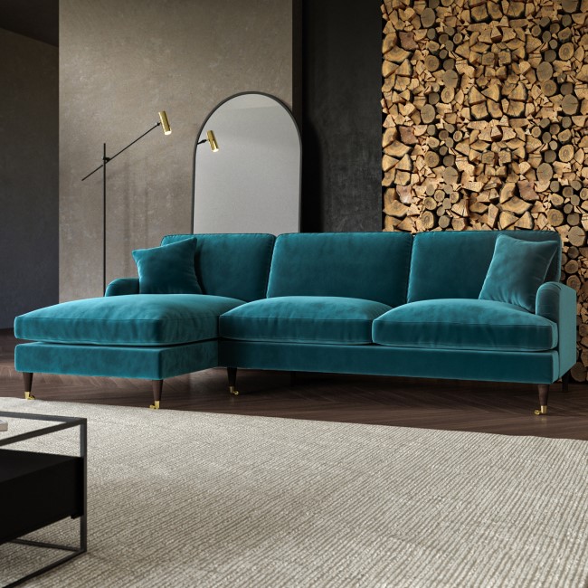 Teal Velvet Left Hand Facing 4 Seater Corner Sofa - Payton