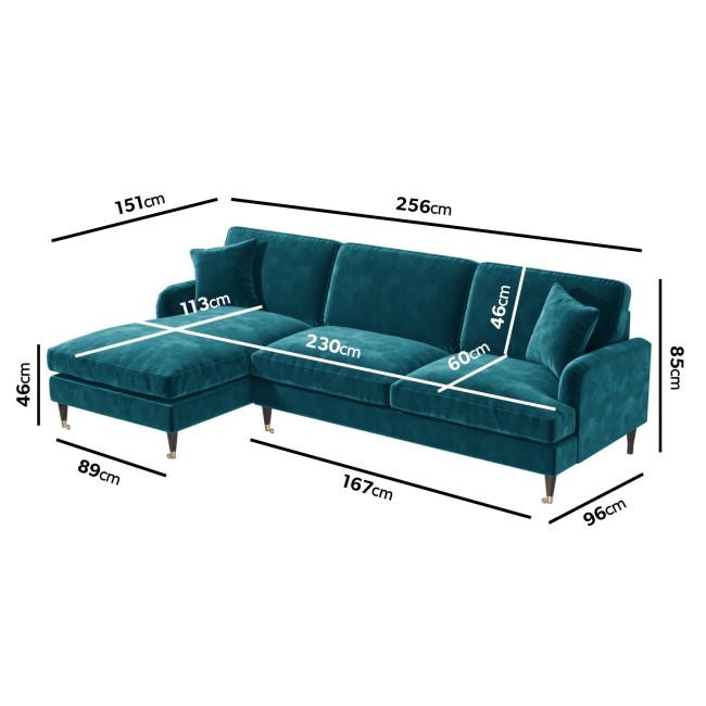 Teal Velvet Left Hand Facing 4 Seater Corner Sofa - Payton