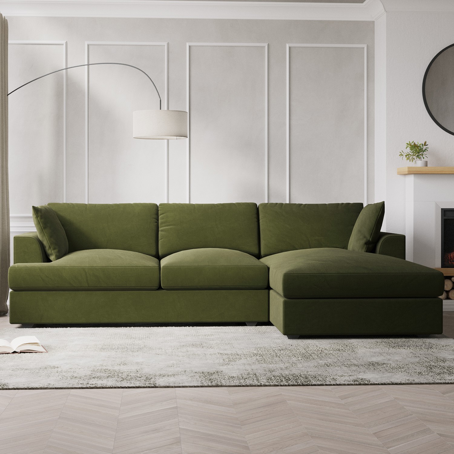 Large Olive Green Velvet Right Hand 4 Seater Chaise Corner Sofa