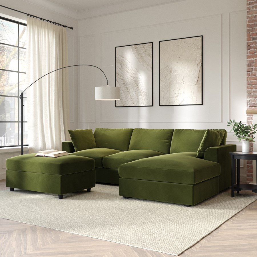 ONLY OPENED - 3 Seater Right Hand Facing L Shaped Sofa in Olive Green - August