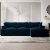 ALMOST PERFECT - Large Navy Velvet Right Hand Facing L Shaped Sofa - Seats 4 - August ALMOST PERFECT - Large Navy Velvet Right Hand Facing L Shaped Sofa - Seats 4 - August