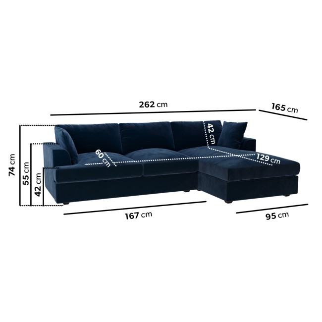 Large Navy Velvet Right Hand 4 Seater Corner Sofa - August